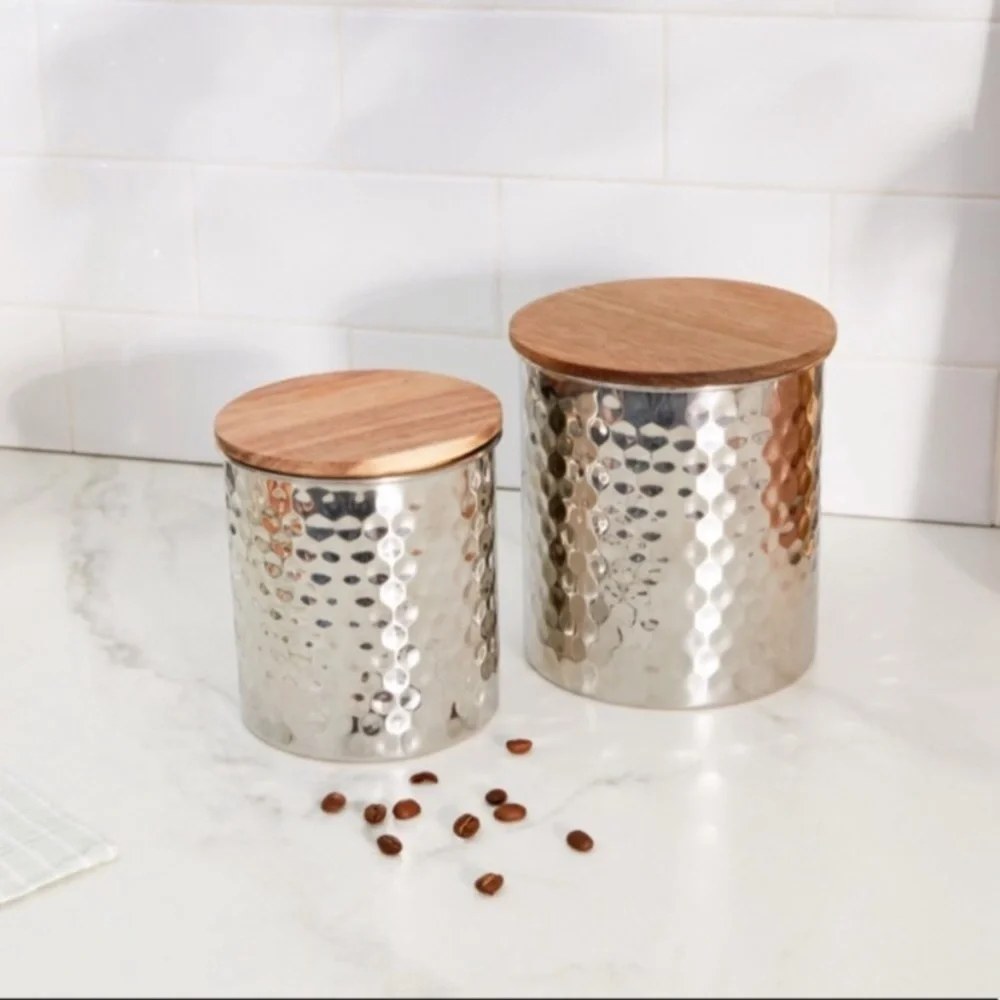NIB Uncommon James Set of 2 Medium & Large Silver Hammered Canisters Wooden Lids
